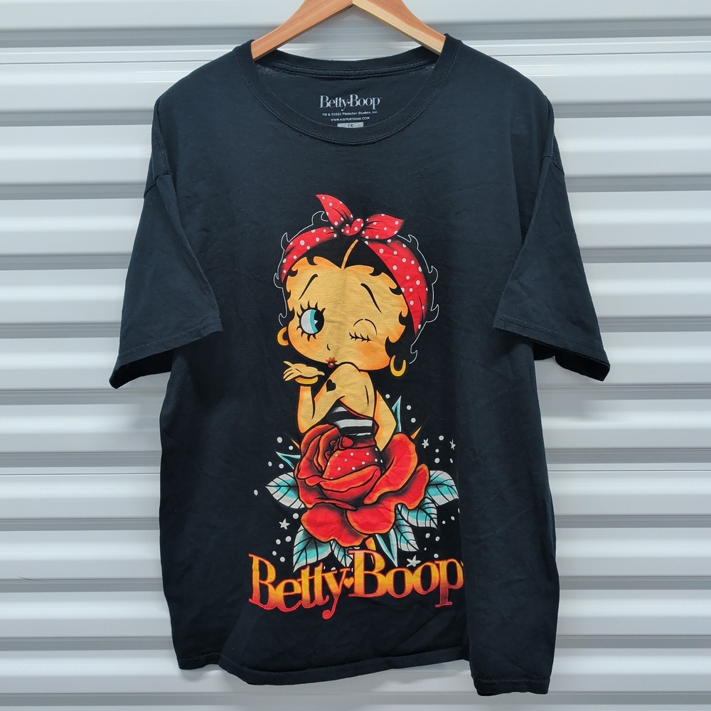 Betty Boop Size 1X T-Shirt Womens Black Graphic Rose Winking Cotton Tee — photo 2